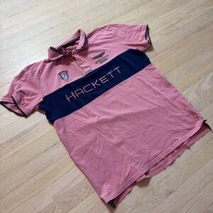 Hackett Aston Martin Racing Polo Shirt Mens XXL Pink Navy Blue Embroidered